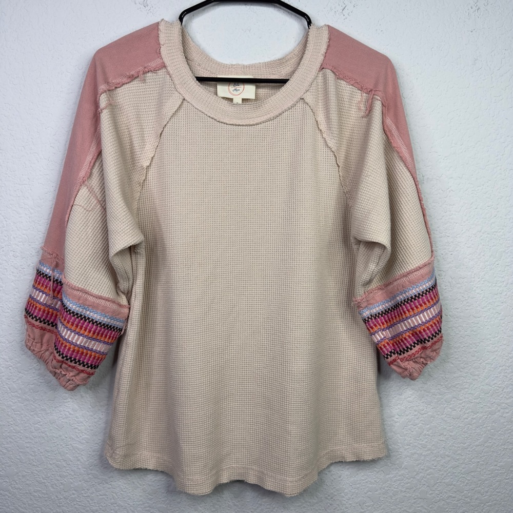 Ella‎ Mara Shirt Womens S Beige Pink Waffle Knit Embroidered Relaxed Boho Hippie